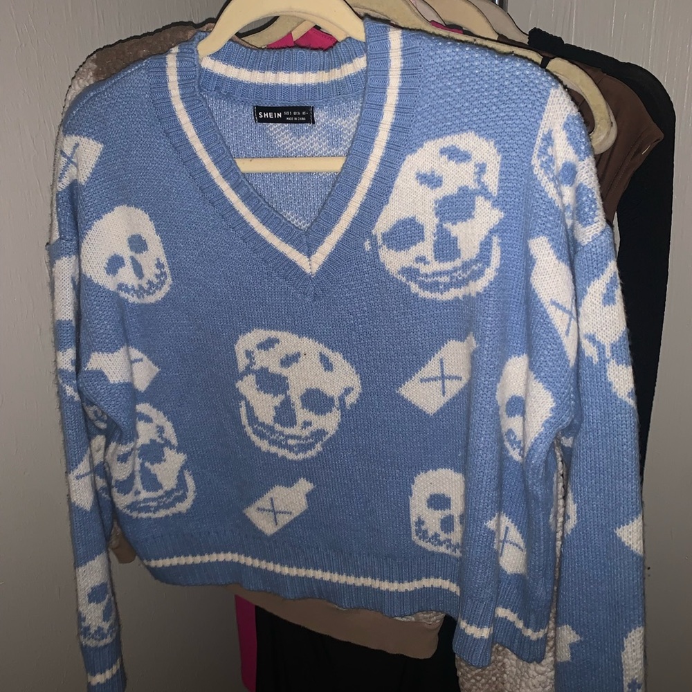 SHEIN Blue and White Skull Knit Sweater